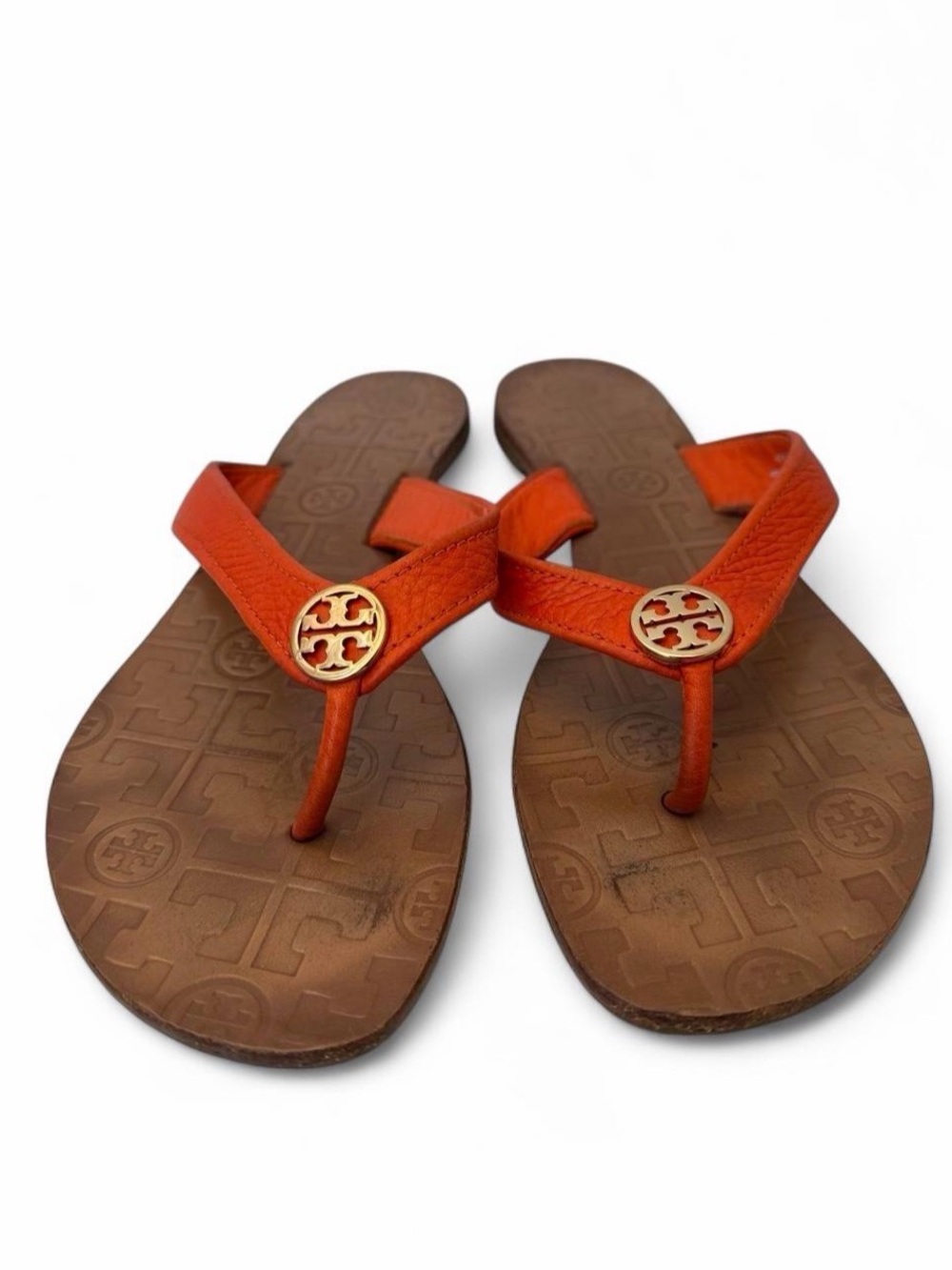 Tory Burch Orange Leather Logo Thong Sandals